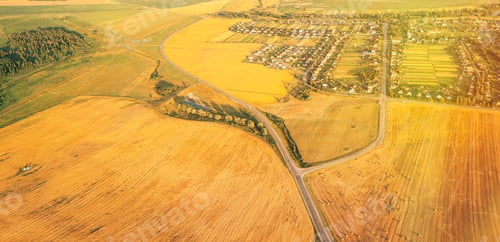 Preview: Aerial View Of Village And Hay Rolls, Straw Field Landscape In Summer