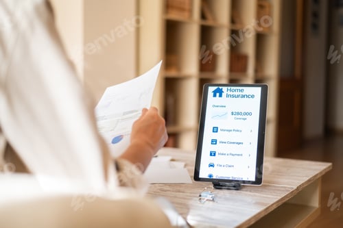 Preview: Home insurance management with digital tablet, reviewing policy details in living room