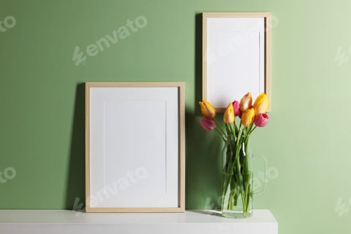 Preview: Empty picture frames and beautiful tulips indoors