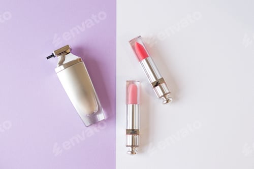 Preview: Flat lay image of beauty cosmetics make up with lipsticks and concealer, Top view .