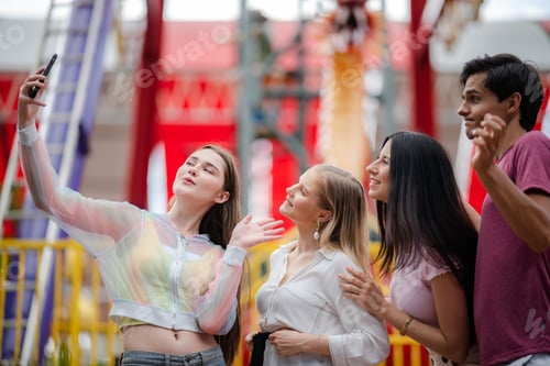 Preview: group of friend are happy and fun together at amusement theme park, outdoor activity