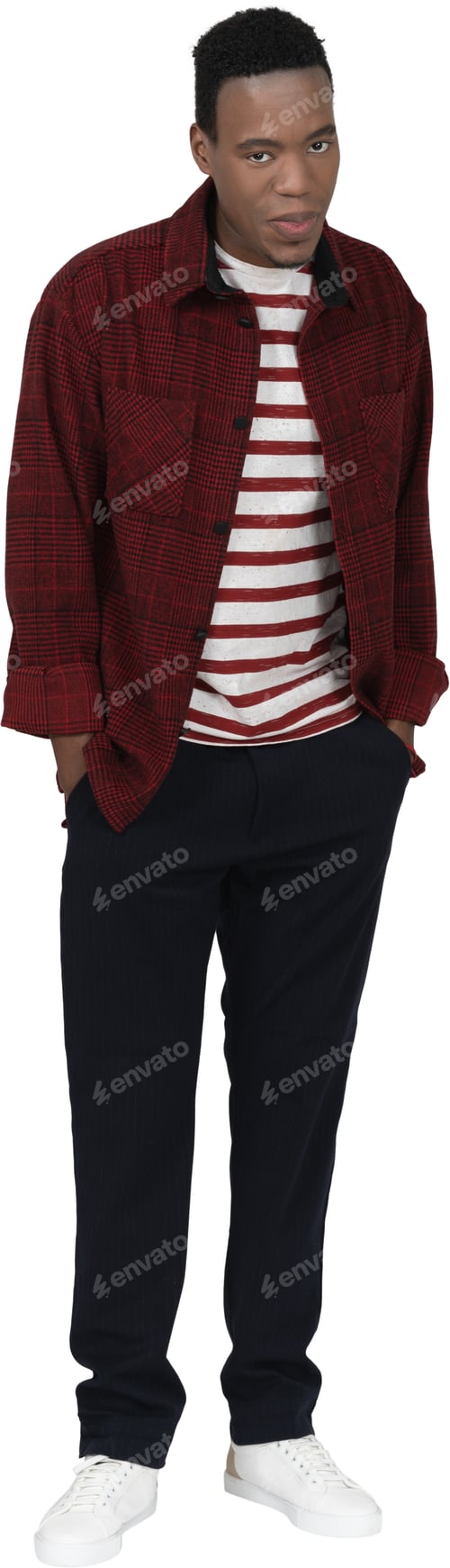 Preview: a young man wearing a red jacket and black pants
