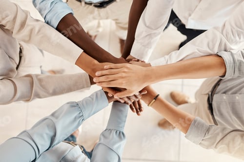 Preview: Group hands stack, support business team and motivation solidarity together in office with diversit
