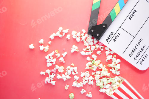 Preview: Movie clapper board and popcorn on red background