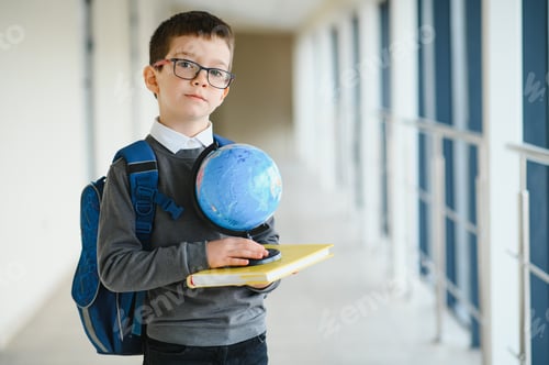 Preview: Happy cute clever boy in glasses with school bag and book in his hand. First time to school.