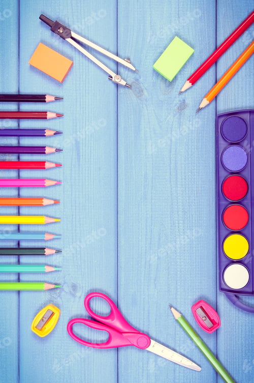 Preview: Vintage photo, School accessories on boards, back to school concept, copy space for text