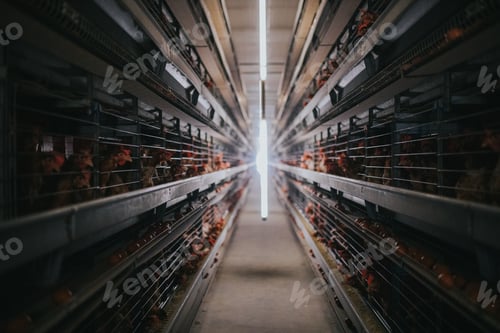 Preview: Closeup shot of brown chicken behind grids in a chicken farm