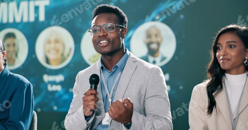 Preview: Presentation, black man or talking at conference for information, climate change or sustainability.