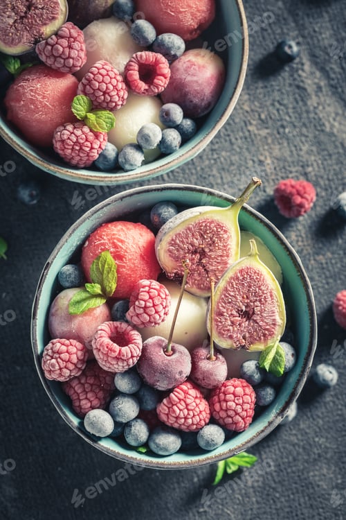 Preview: Cold ice cream sorbet with mix of summer fruits