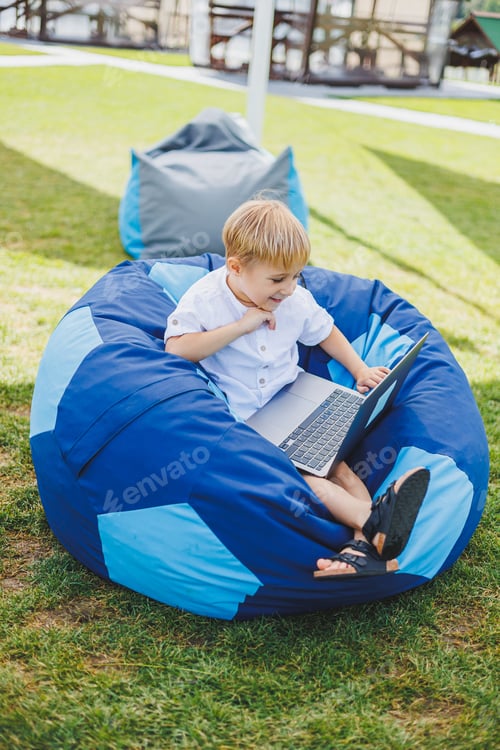 Preview: Little boy with a laptop on the background of summer grass. A boy in a white T-shirt is sitting
