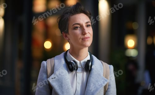 Preview: Portrait young business woman in city wearing headphones