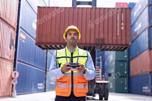 Preview: Engineer working in container storage yard fly drone looking location layout prepare to delivery