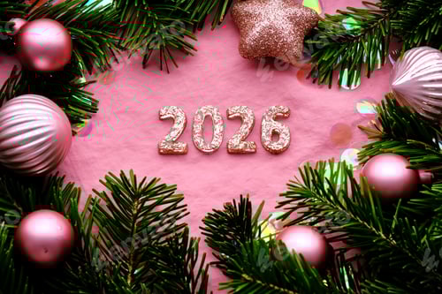 Visualização: Fundo rosa de Ano Novo de 2026. Número do próximo ano na decoração de Natal.