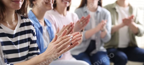 Preview: People applauding during meeting indoors, closeup view