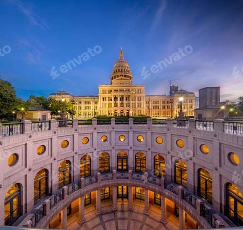 Preview: Aerial view of Texas capital building under blue bright sky in evening