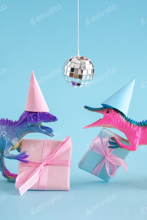 Preview: Cute blue and pink dinosaurs wearing party hat and holding present box on blue background.