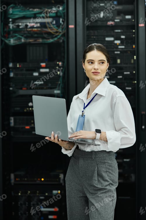 Preview: A woman in a white shirt works on her laptop in a modern server room, ensuring security.