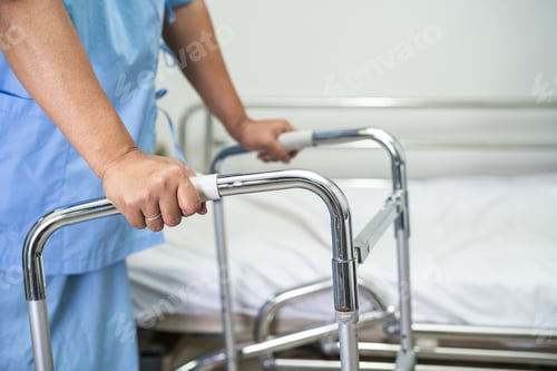 Preview: Asian lady woman patient walk with walker at nursing hospital ward, healthy strong medical concept
