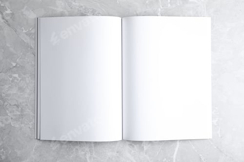 Preview: Blank open book on light grey marble background, top view. Mock up for design
