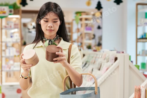 Preview: Young Asian Woman Comparing Cosmetic Products While Shopping in Store