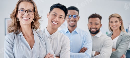 Preview: Confidence, portrait and happy people in leadership, teamwork and our vision for success manager or