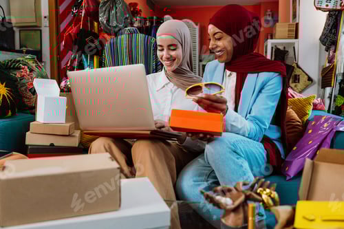 Preview: Muslim women entrepreneurs processing online orders in small business