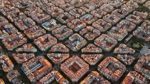 Preview: Aerial view of typical buildings of Barcelona cityscape. Eixample residential famous urban grid