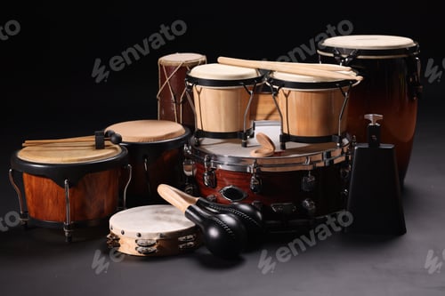 Preview: Different drums on a black background, percussion musical instruments