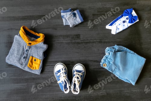 Preview: Different child clothes, shoes, sneakers, pants, accessories on black wooden table with copy space,