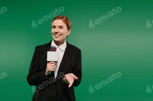Preview: TV presenter in stylish black speaks confidently on a green backdrop