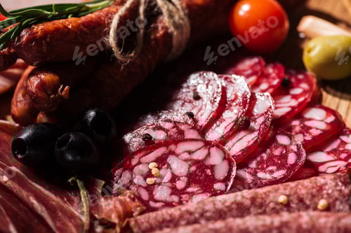 Preview: close up view of delicious sliced salami with vegetables and spices on wooden cutting board