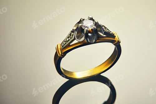Preview: Gold ring in white and yellow gold with diamonds on a background with a gradient and reflection