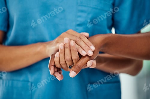 Preview: Healthcare, hands and doctor with patient in a hospital after bad news of cancer, sickness and dise