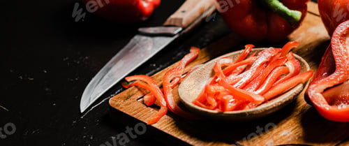 Preview: Chopped sweet pepper. On black table.