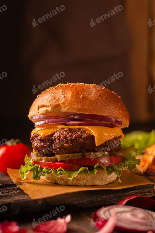 Preview: Closeup shot of a delicious all-American burger on a wooden cutting board