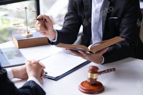 Preview: Lawyer or judge advising client's trial at attorney's office, litigation counseling ideas with lawye