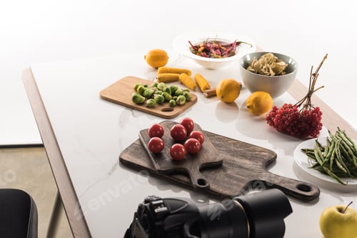 Preview: food composition for commercial photography on white with digital camera