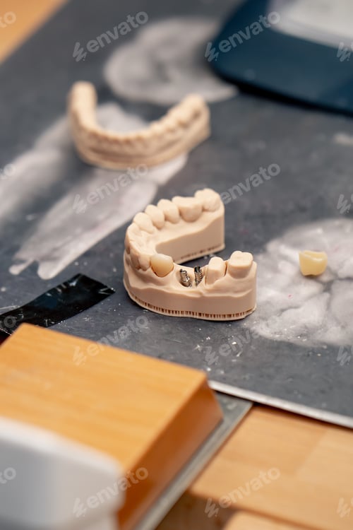 Preview: close-up professional laboratory for the production of dental prosthesis veneers on table there is a