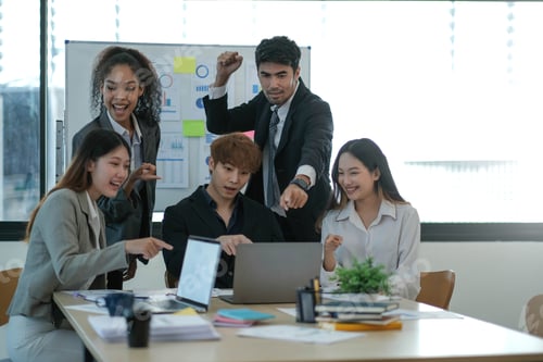 Preview: Young happy Asian business man, woman work together, celebrate success in start up office.