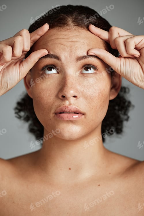 Preview: Wrinkles, skincare and beauty worry of a black woman with wellness facial, botox help and face prp.