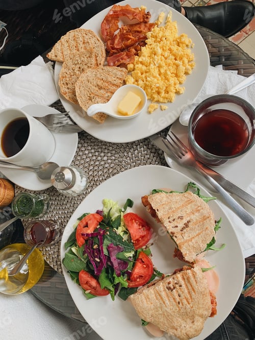 Breakfast Plate with Sandwich and Scrambled Eggs