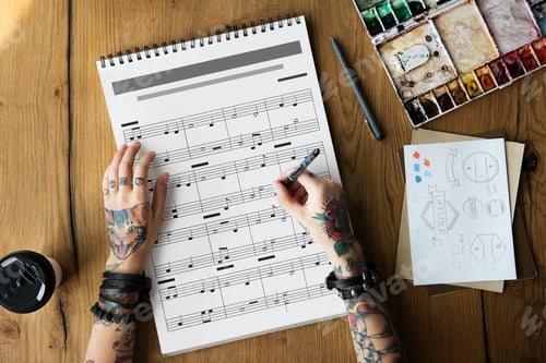 Preview: Hands working on notebook network graphic overlay