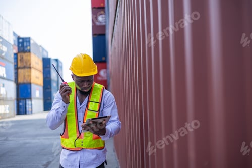 Preview: Black engineer in warehouse inspecting goods at industrial container yard
