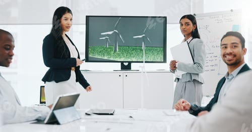 Preview: Business woman, presentation and wind turbine for eco friendly, sustainability and renewable energy