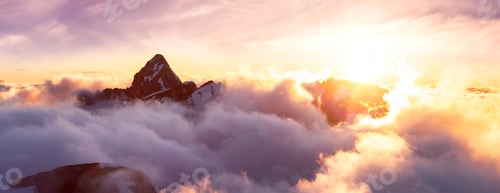 Preview: Canadian Mountain Landscape. Aerial Panoramic View. Sunny Sunset.