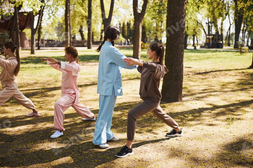Preview: Taijiquan coach correcting pose of her student in brown clothes