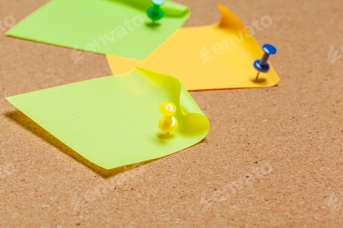 Preview: Sticky note pinned on cork board with thumbtacks
