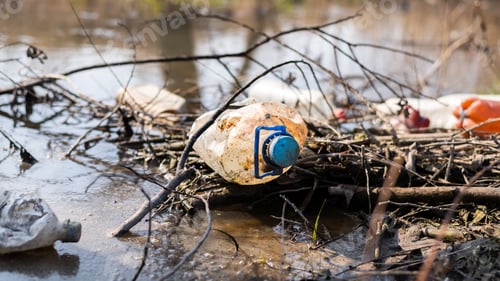 Preview: River coast littered with plastic bottles