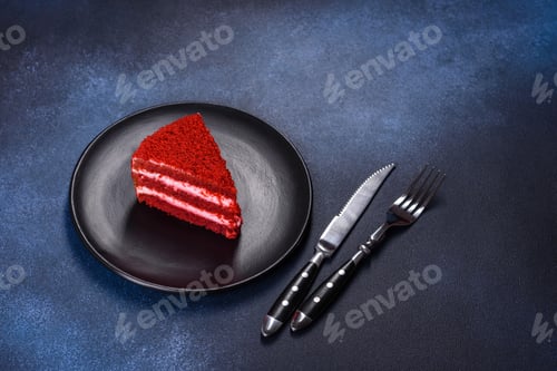 Preview: Red velvet cake, classic three layered cake from red butter sponge cakes with cream