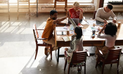 Preview: High five, creative startup and people success in project teamwork, collaboration or planning ideas